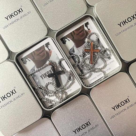 Men's 16-24 Inch Mahogany Ebony Titanium Steel Cross Box Chain Pendant - Picture 5 of 6